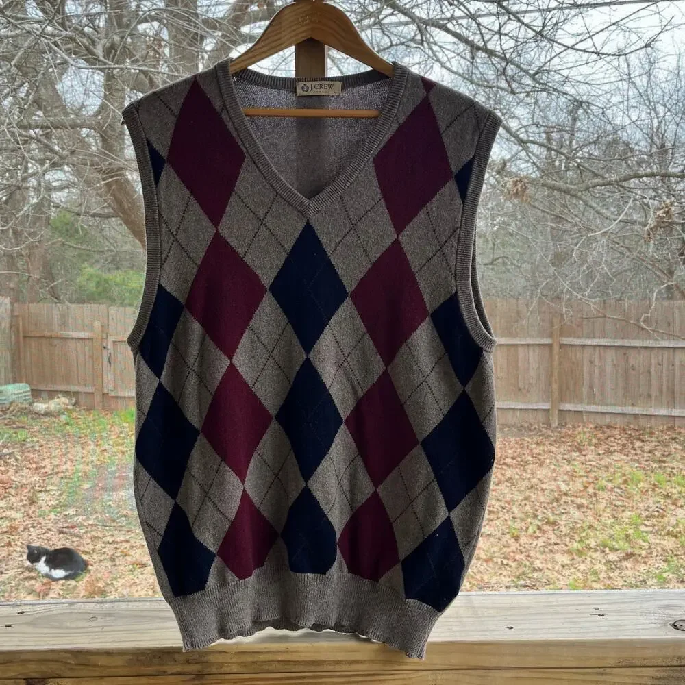 J. Crew Men's Tan Argyle Sweater Vest Cotton/Cashmere Size L